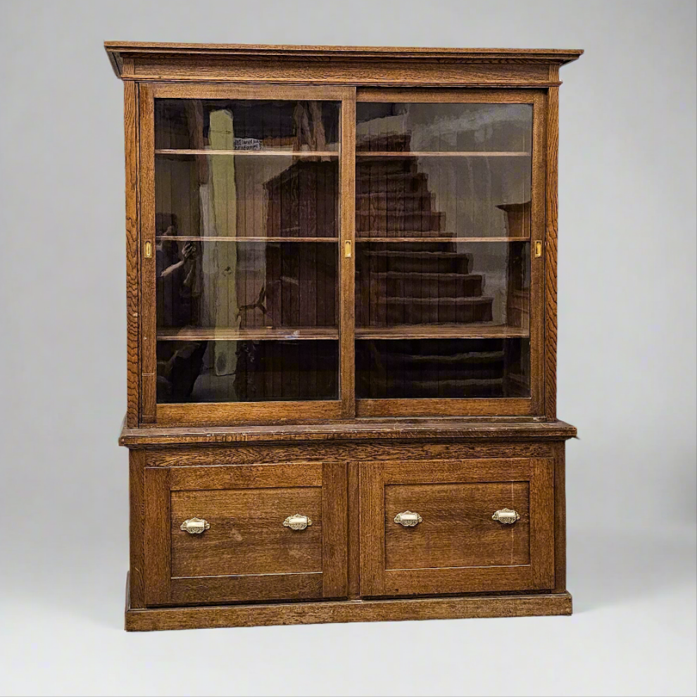 Antique Oak General Store Cabinet with Glass Sliding Doors