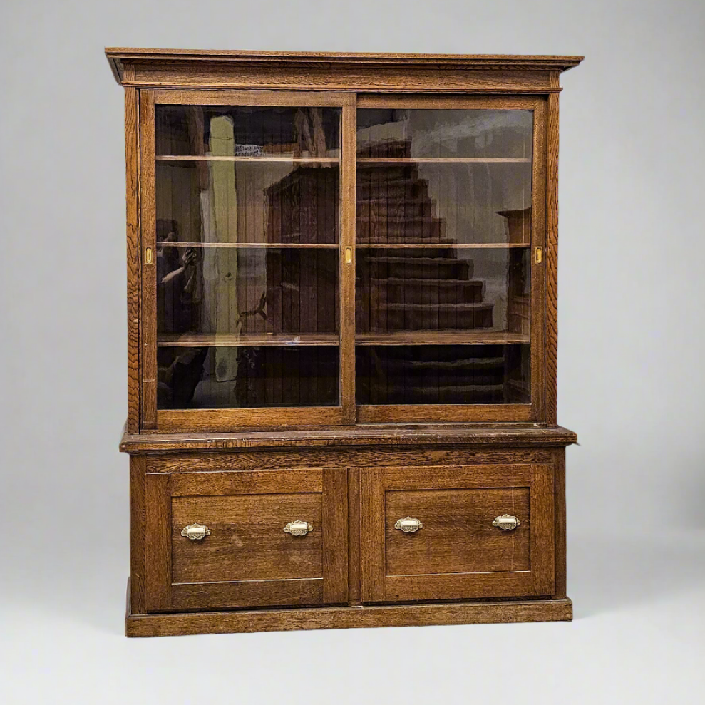 Antique Oak General Store Cabinet with Glass Sliding Doors