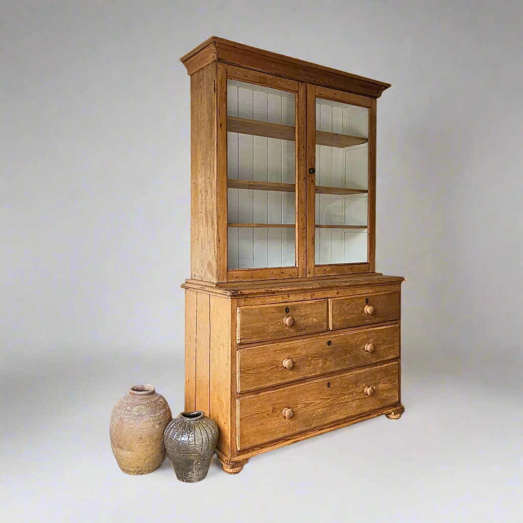 Large Antique English Pine Hutch With Glass Doors