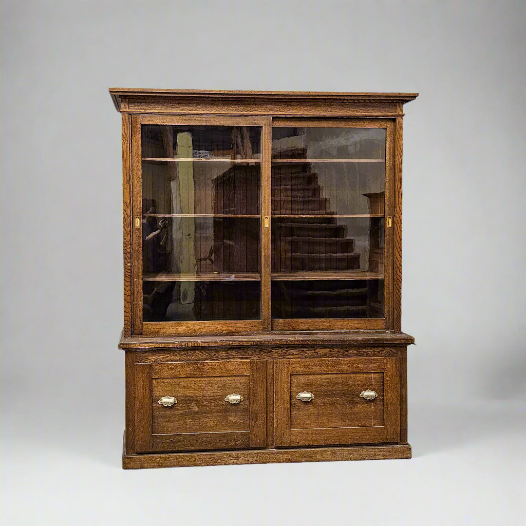 Antique Oak General Store Cabinet with Glass Sliding Doors