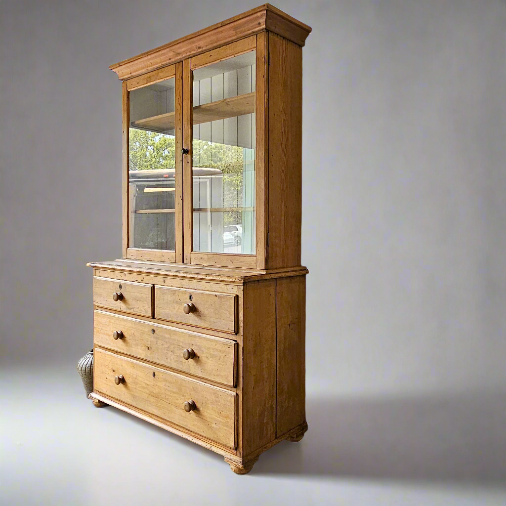 Large Antique English Pine Hutch With Glass Doors