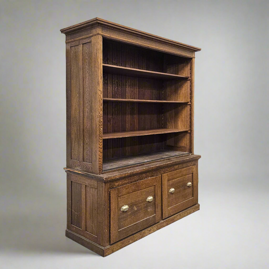 Antique Oak General Store Cabinet with Glass Sliding Doors