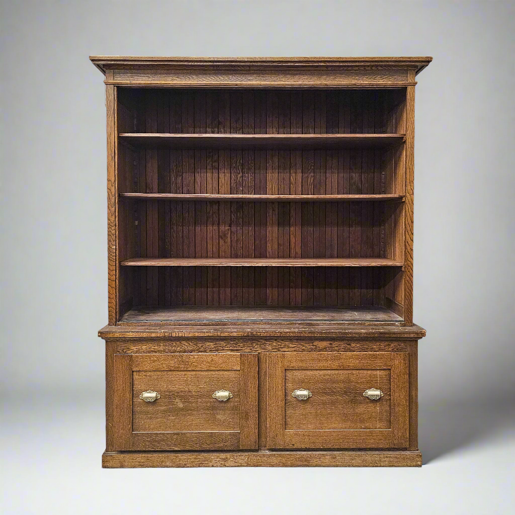 Antique Oak General Store Cabinet with Glass Sliding Doors