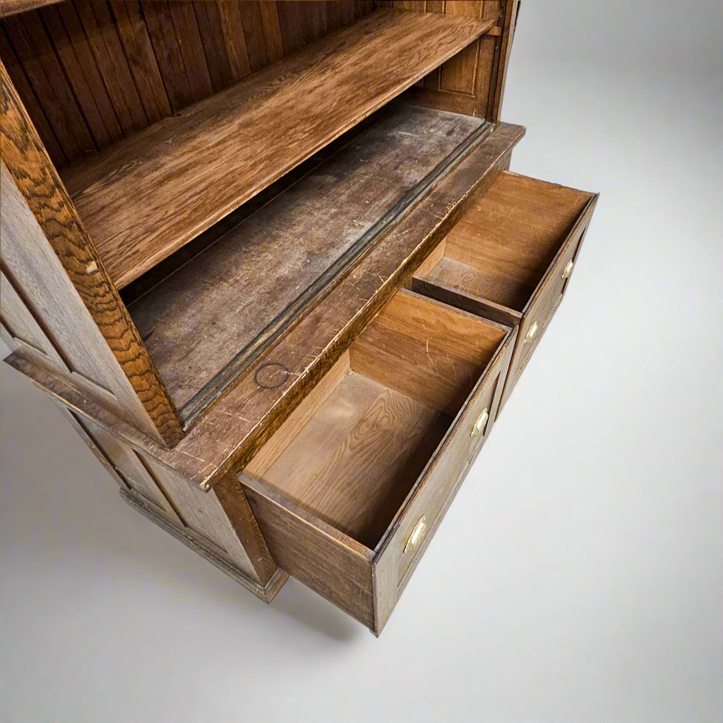 Antique Oak General Store Cabinet with Glass Sliding Doors
