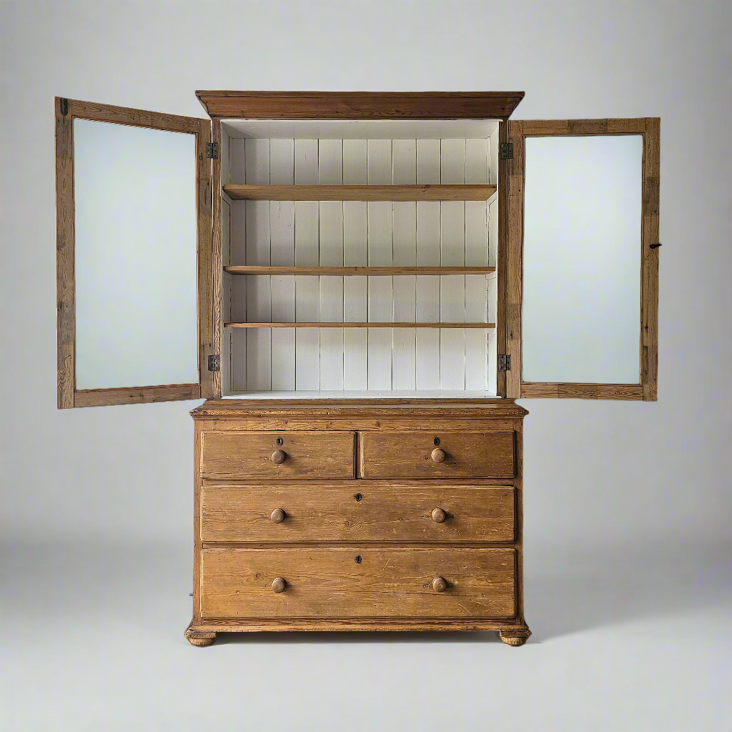 Large Antique English Pine Hutch With Glass Doors