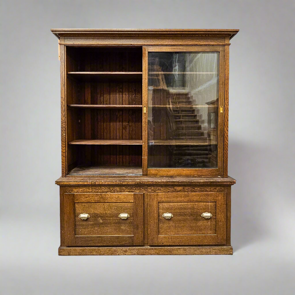 Antique Oak General Store Cabinet with Glass Sliding Doors