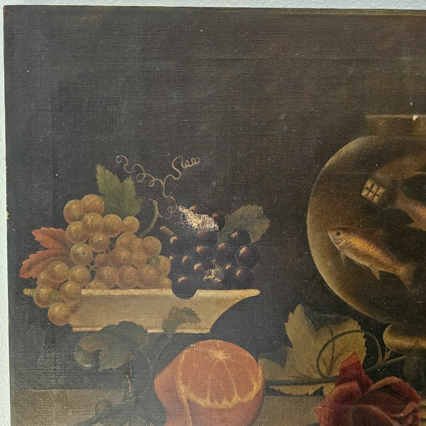 Antique Oil Painting – 19th-Century Still Life with Fish Bowl and Fruit