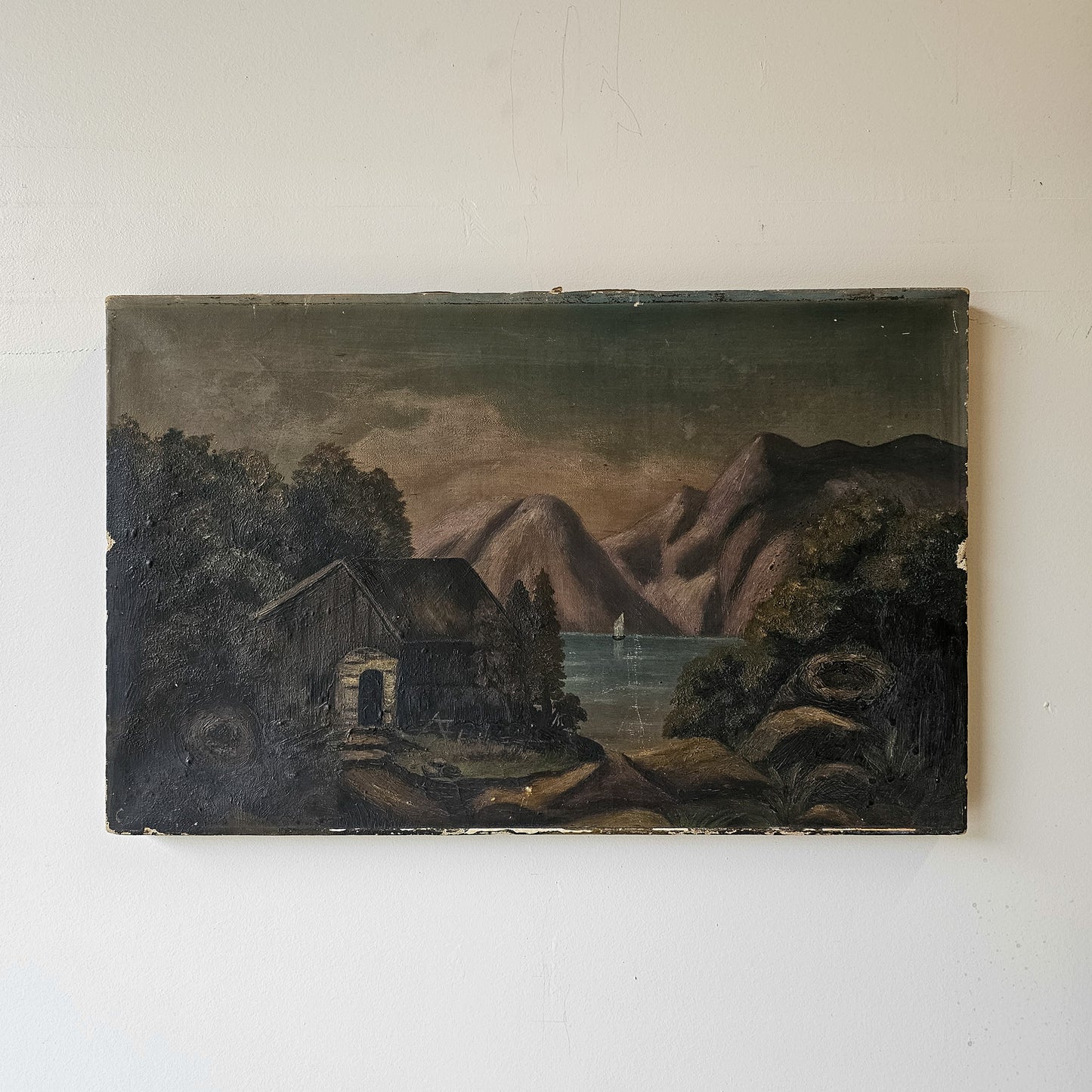 Antique Oil Painting on Canvas – Rustic Mountain & Lake Landscape