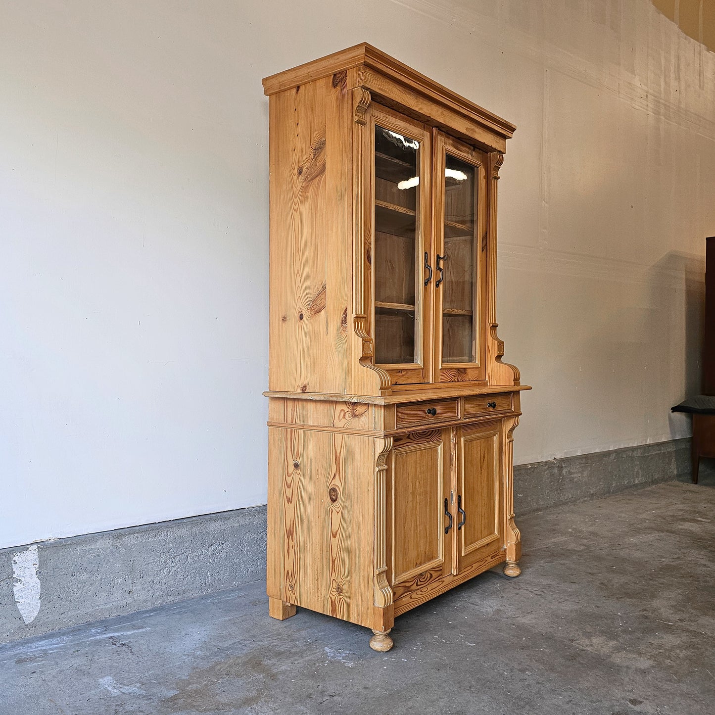 Antique pine hutch with glass doors - two pieces