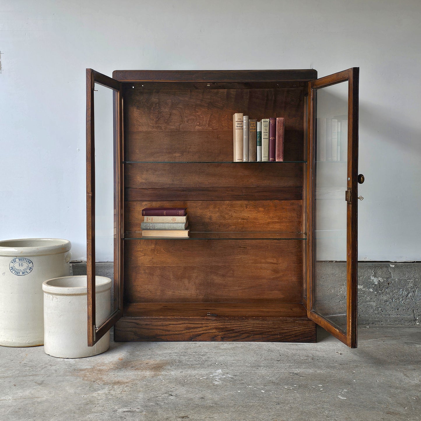 Antique Oak Bookcase Cabinet with Glass Front Doors (Circa 1930s–1940s)