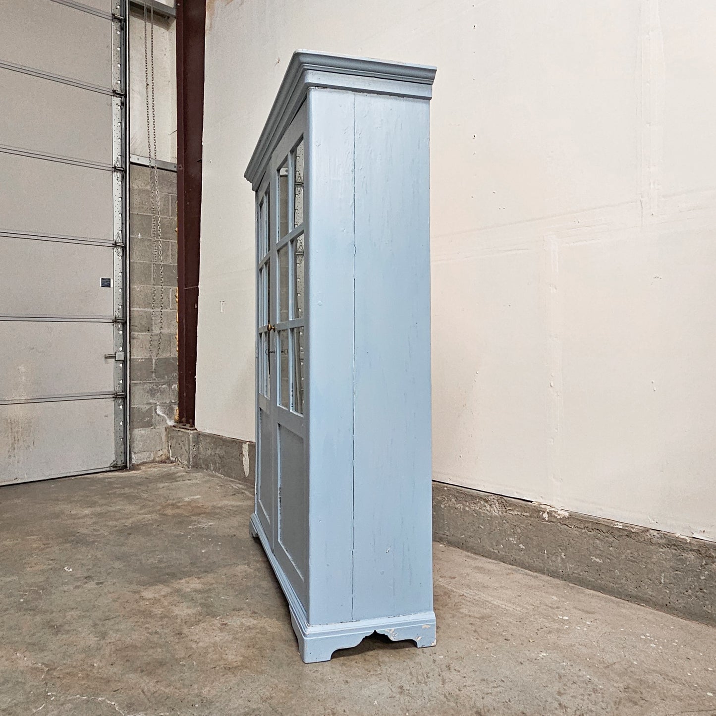 Antique Pine Display Cabinet with Distressed Blue Paint
