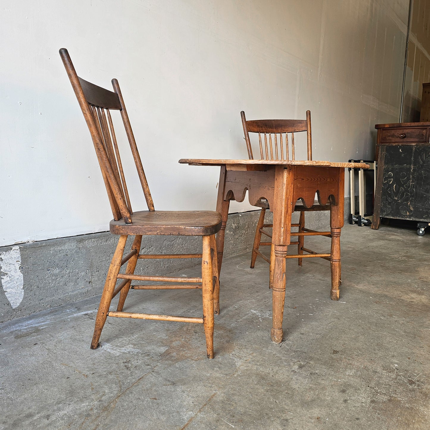 Antique pine cricket table with chairs