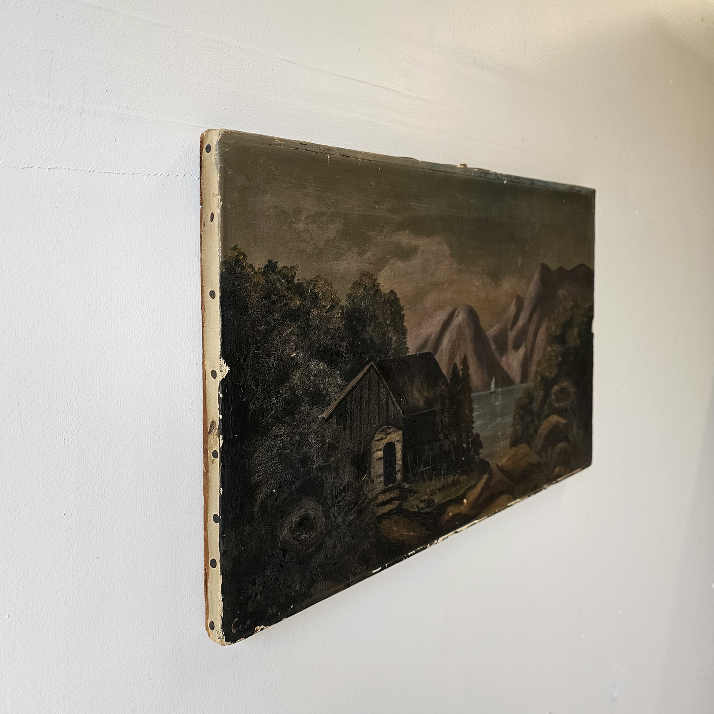 Antique Oil Painting on Canvas – Rustic Mountain & Lake Landscape