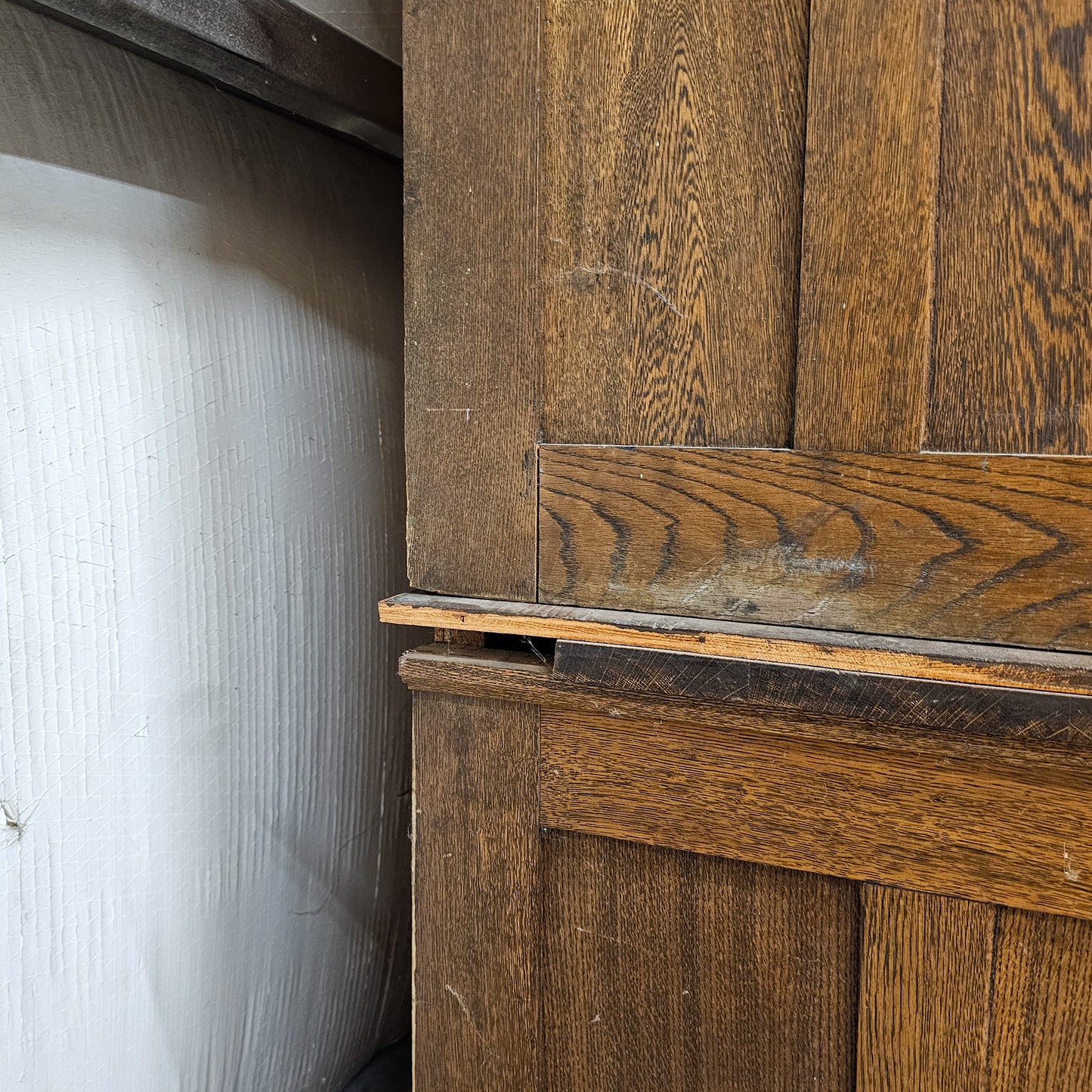 Antique Oak General Store Cabinet with Glass Sliding Doors