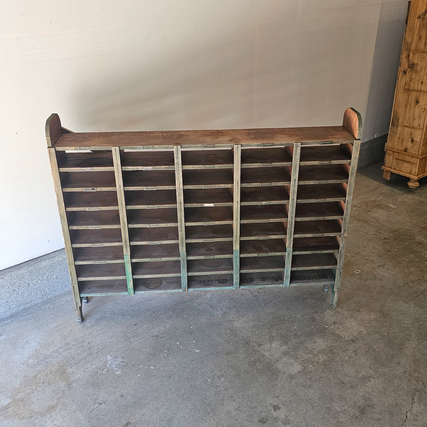 Antique Pine Mail Sorter with Chippy Green Paint