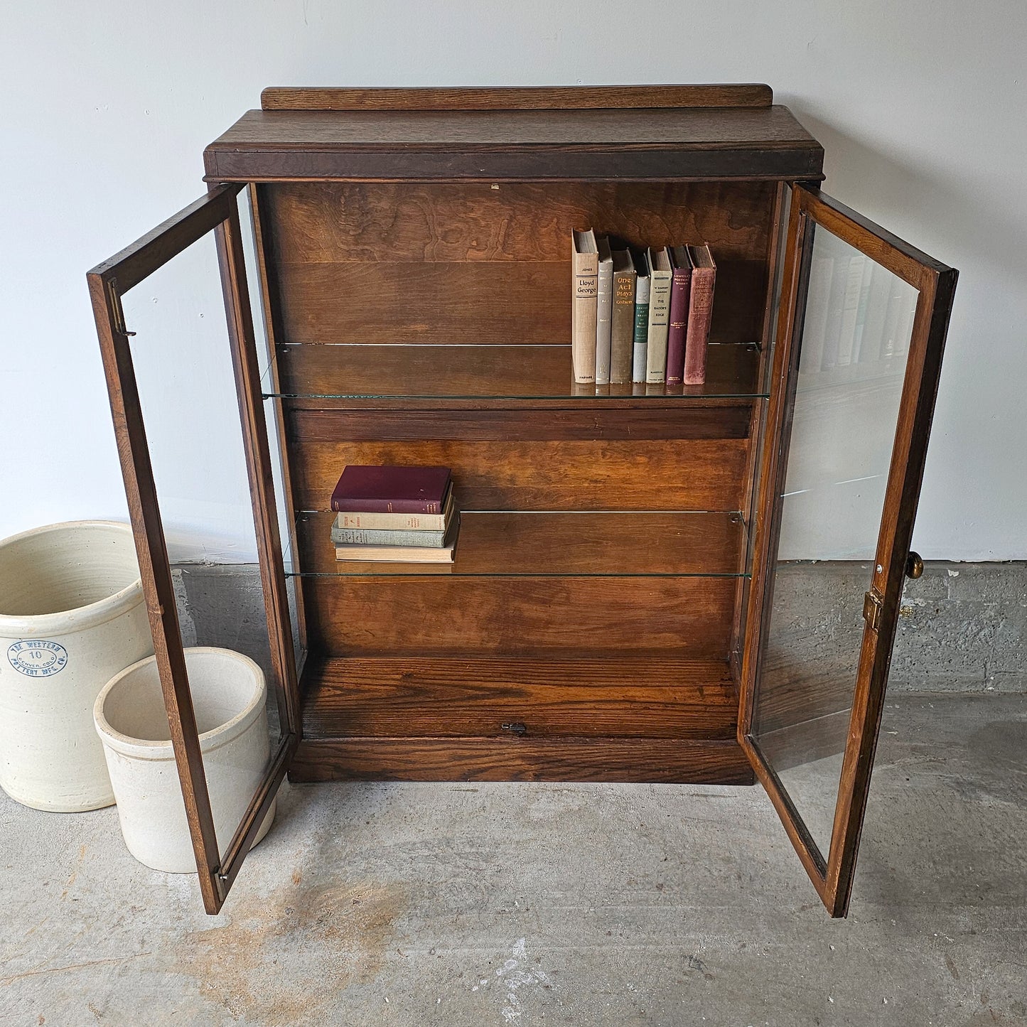 Antique Oak Bookcase Cabinet with Glass Front Doors (Circa 1930s–1940s)
