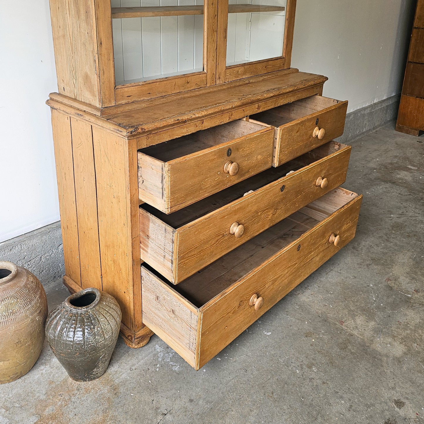 Large Antique English Pine Hutch With Glass Doors