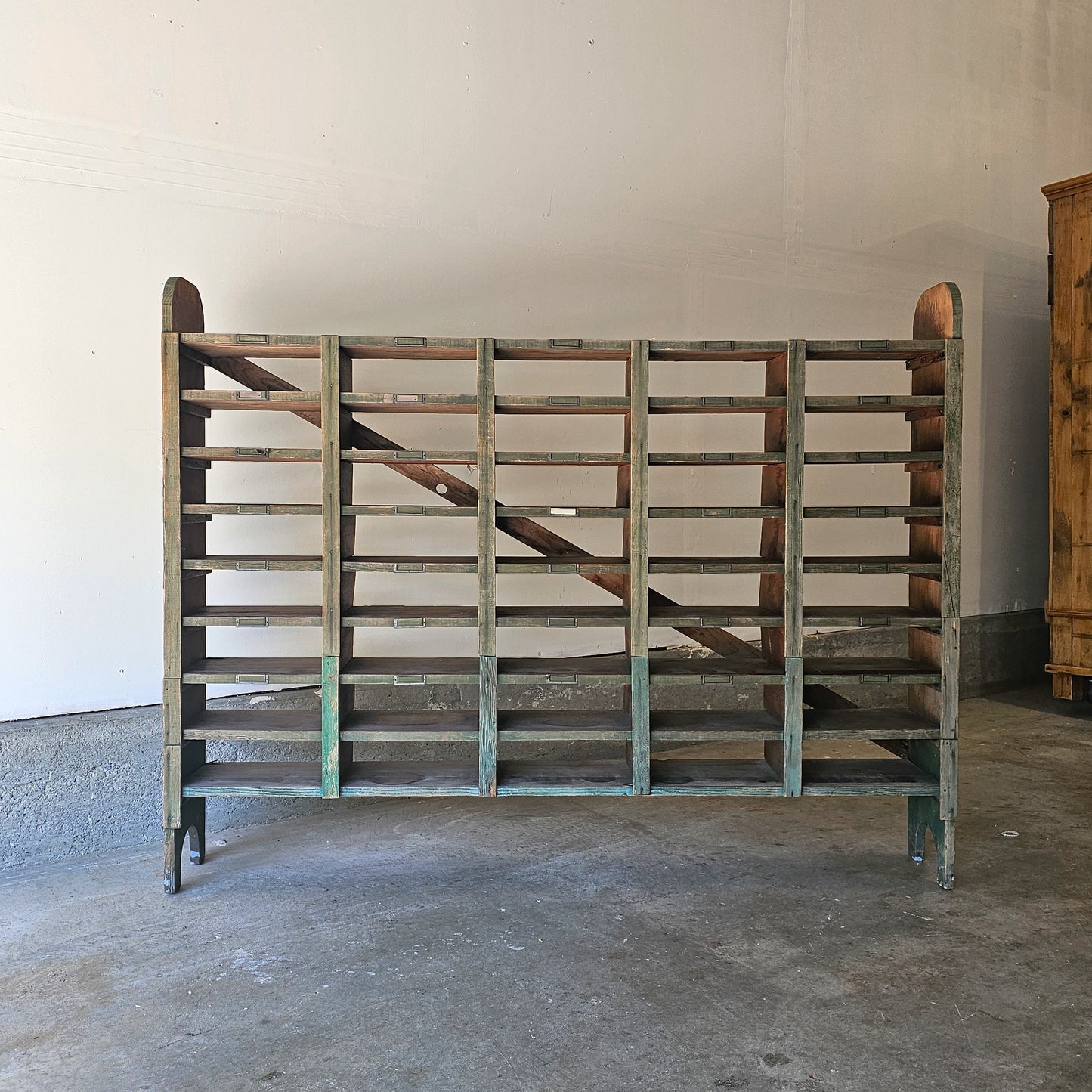 Antique Pine Mail Sorter with Chippy Green Paint