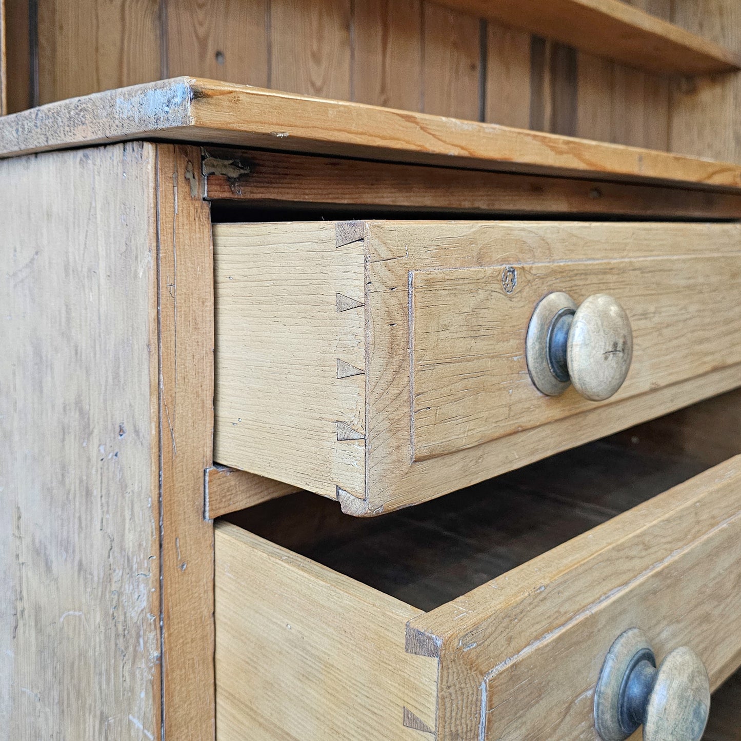 Antique English Kitchen Pine Hutch with 8 drawers base - 1890