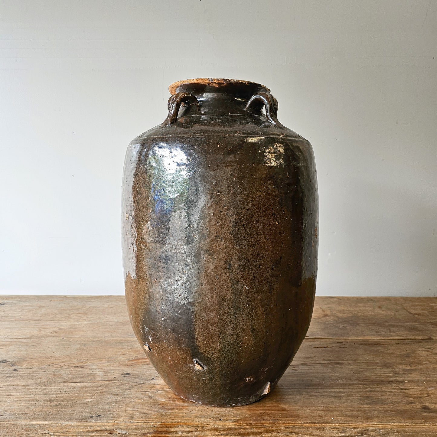 Brown Glazed Clay Vase with Handles – Vintage Rice Wine Jar