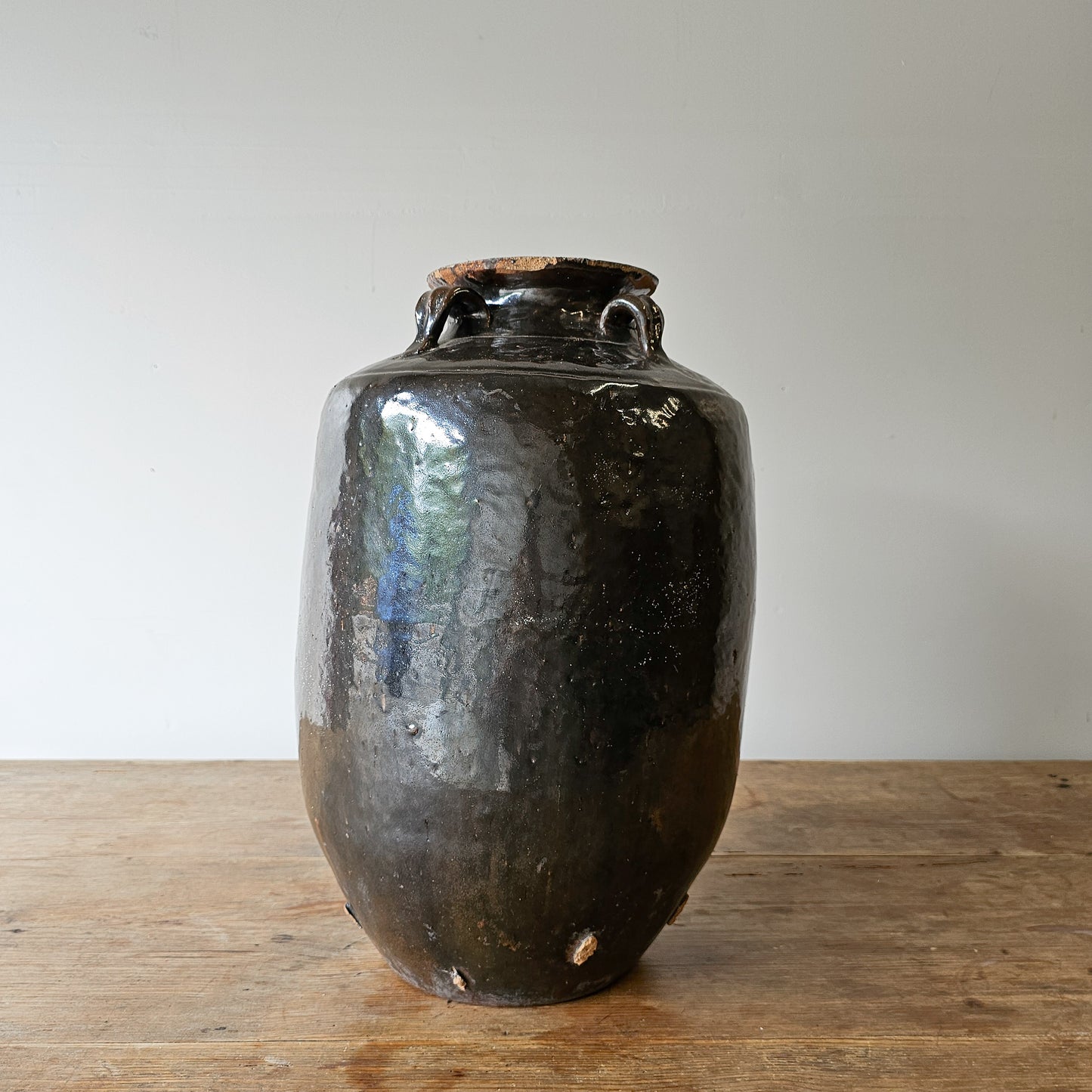 Brown Glazed Clay Vase with Handles – Vintage Rice Wine Jar