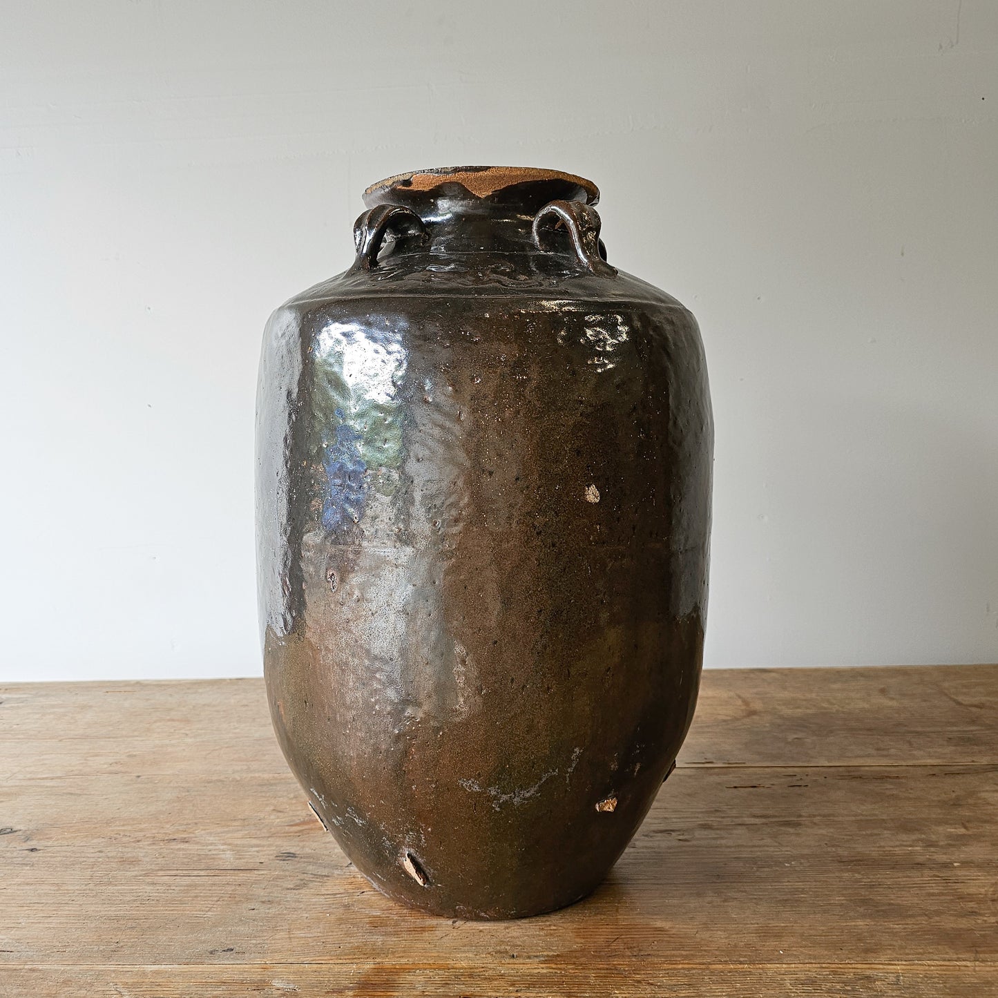 Brown Glazed Clay Vase with Handles – Vintage Rice Wine Jar