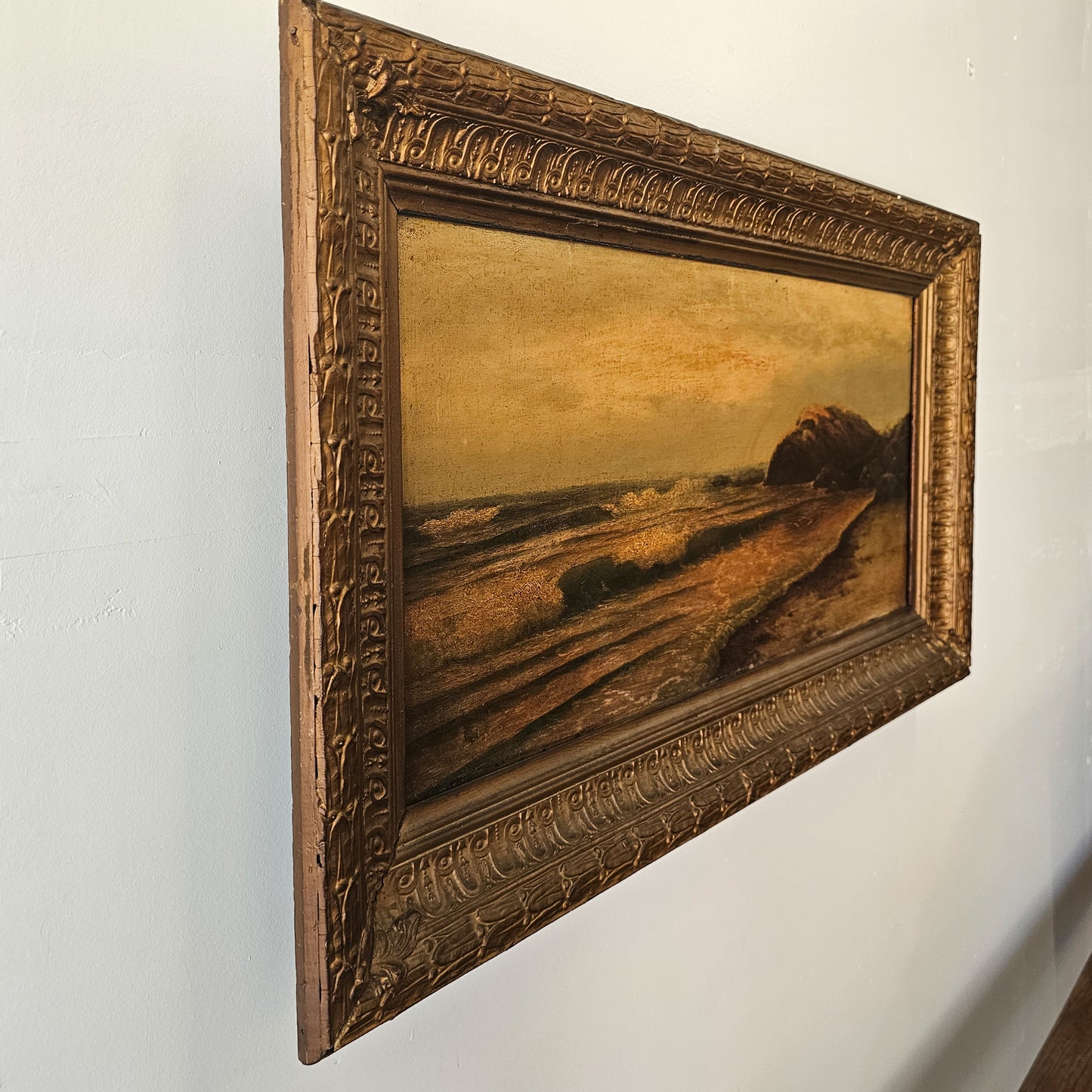 Antique Seascape Oil Painting in Ornate Gilded Frame | Moody Coastal Landscape