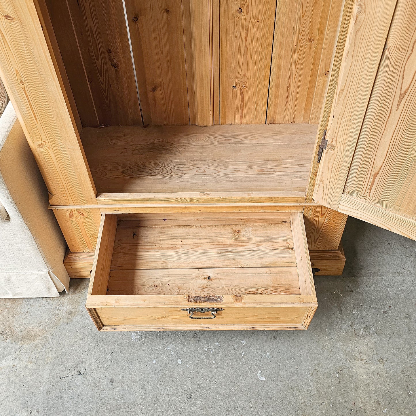 Antique pine single-door armoire cabinet