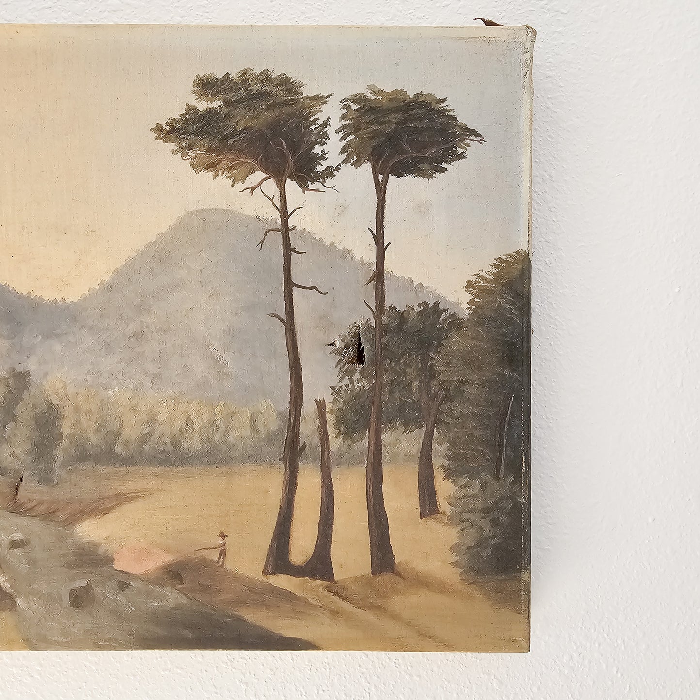Antique Oil Painting – 19th-Century Pastoral Landscape with Trees and Stream