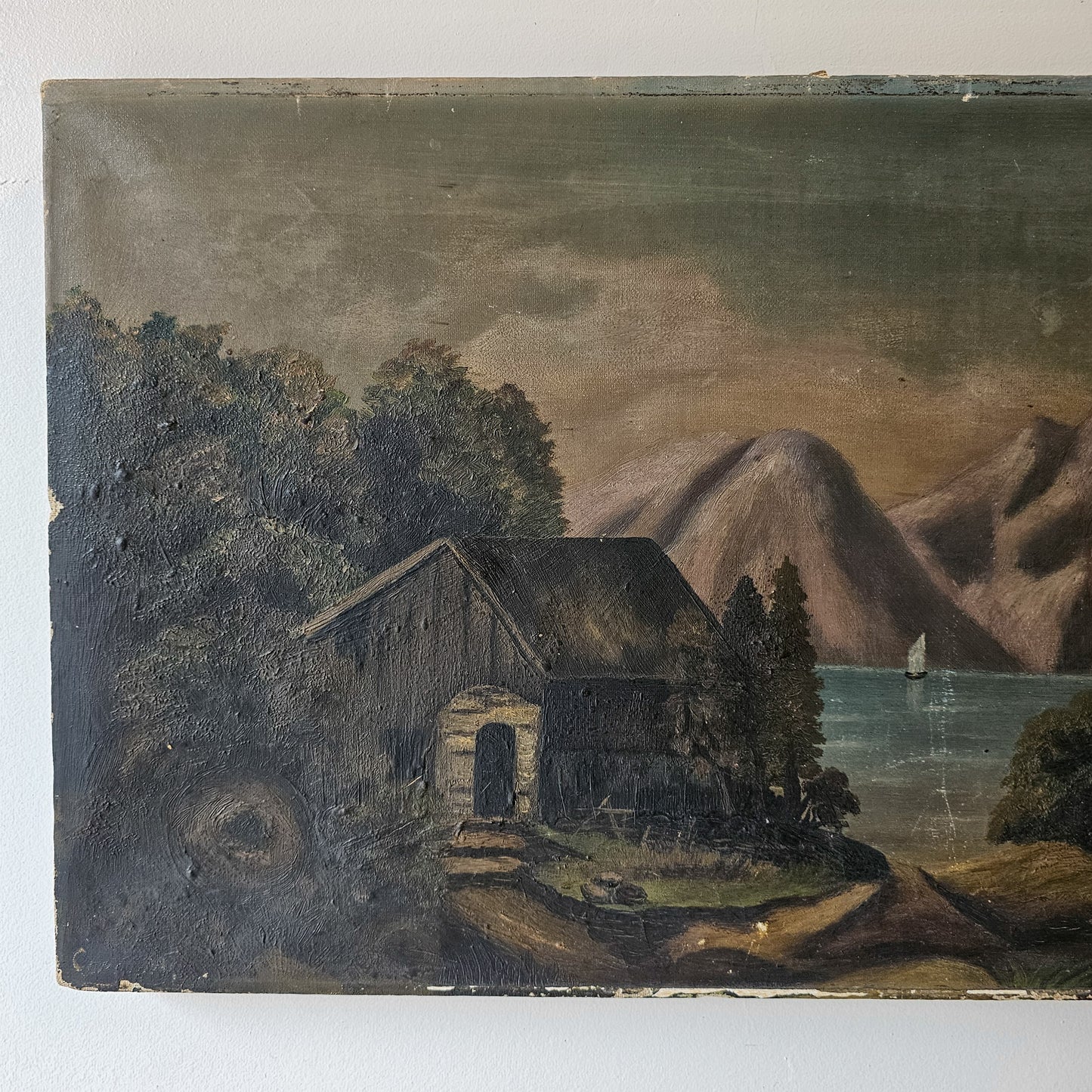 Antique Oil Painting on Canvas – Rustic Mountain & Lake Landscape