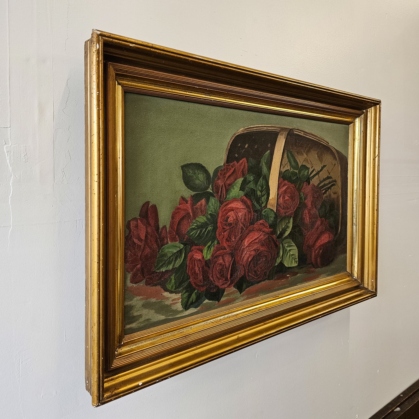 Antique Still Life Oil Painting of Red Roses in Basket | Framed Floral Wall Art