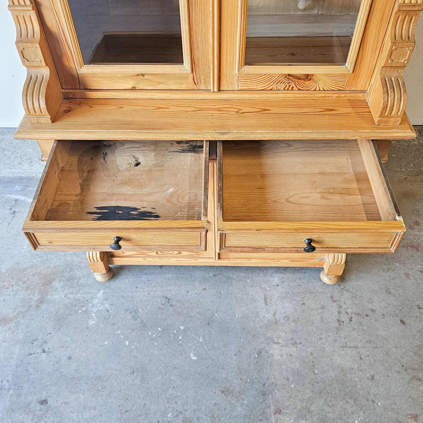 Antique pine hutch with glass doors - two pieces