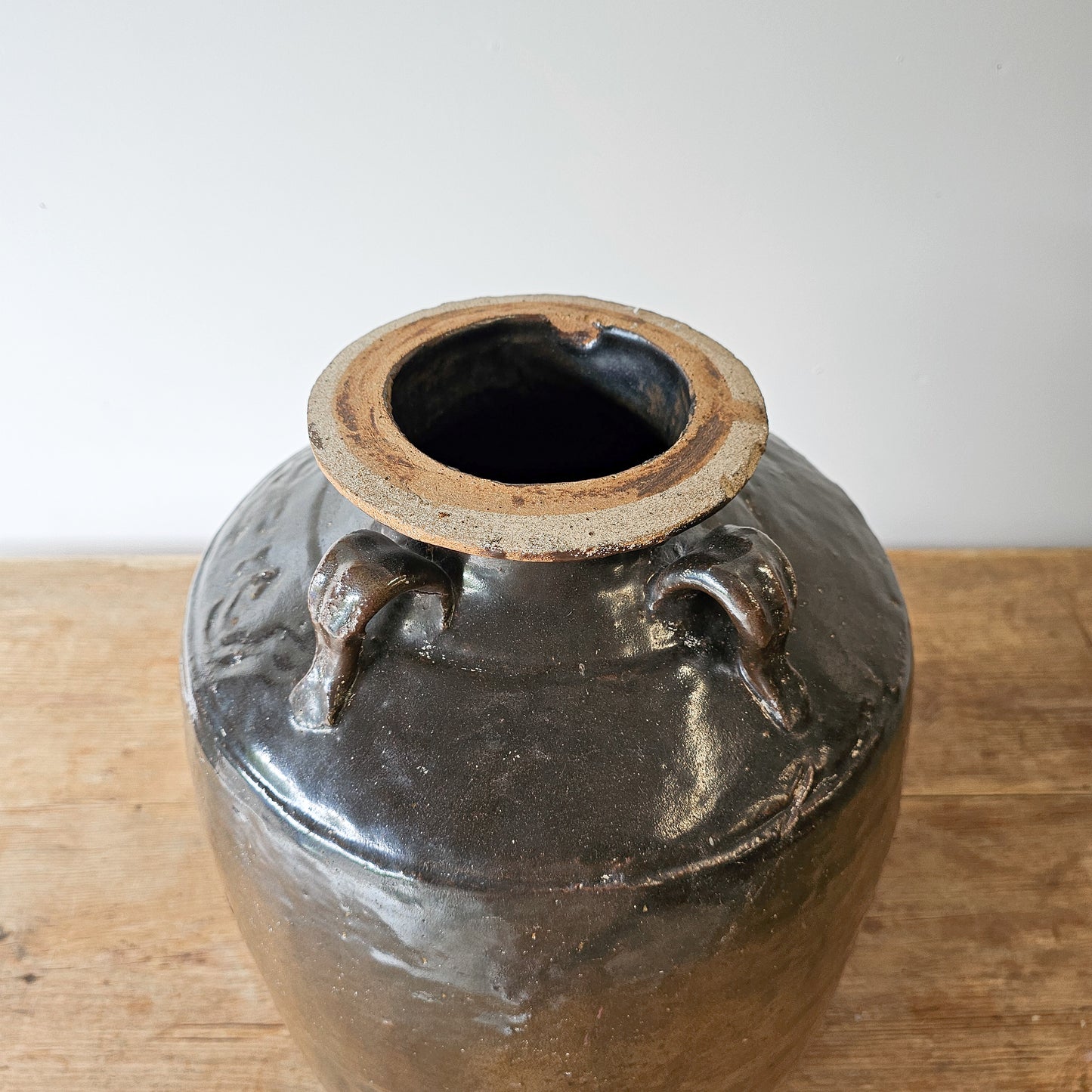 Brown Glazed Clay Vase with Handles – Vintage Rice Wine Jar