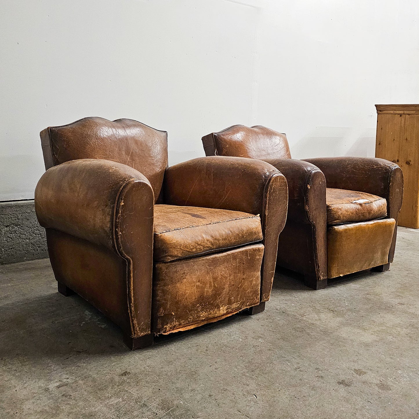 Pair of 1920's French Leather Mustache Club Chairs