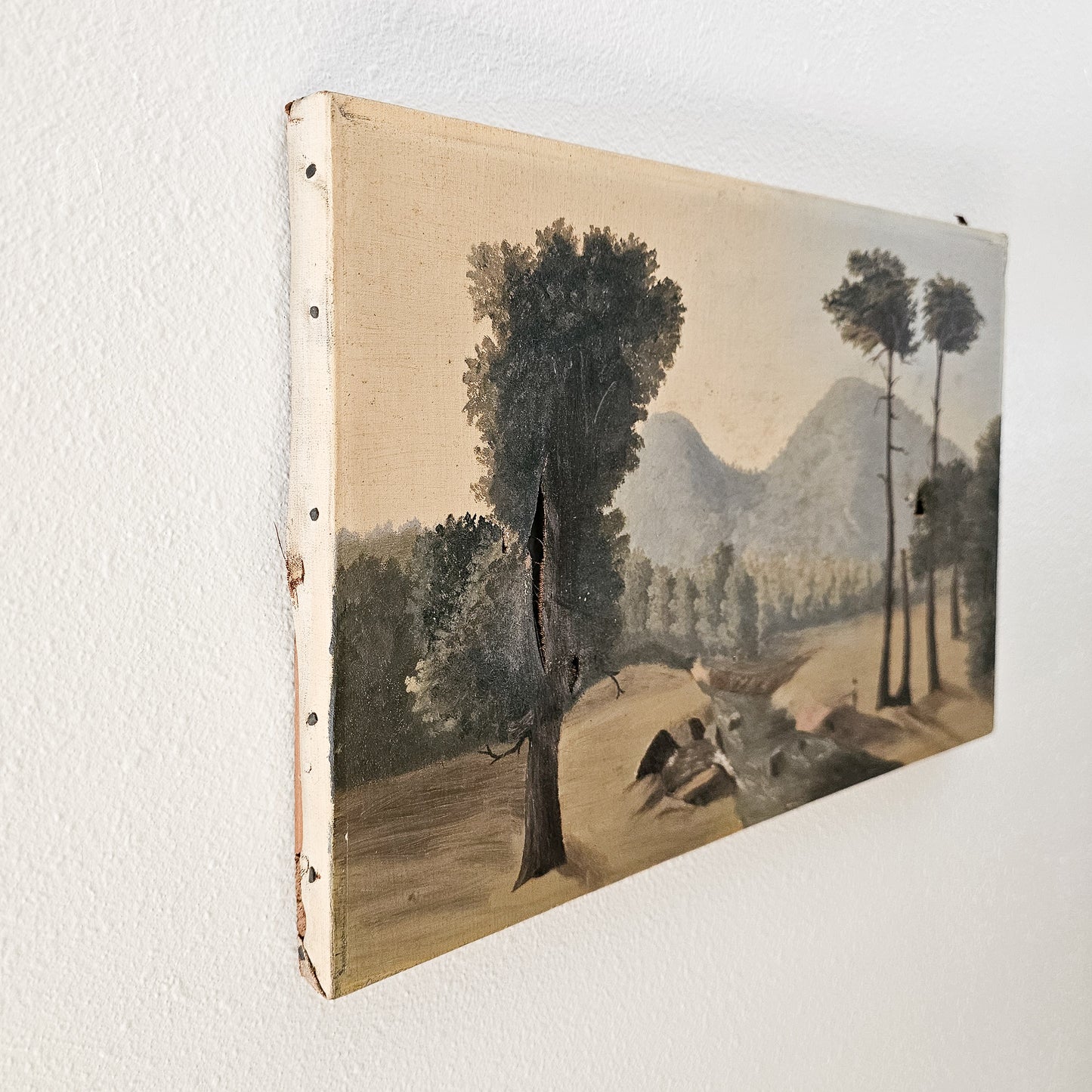 Antique Oil Painting – 19th-Century Pastoral Landscape with Trees and Stream