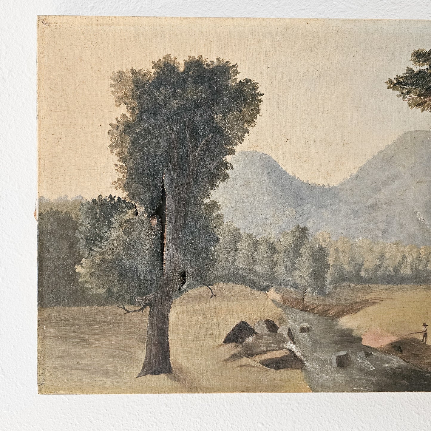 Antique Oil Painting – 19th-Century Pastoral Landscape with Trees and Stream
