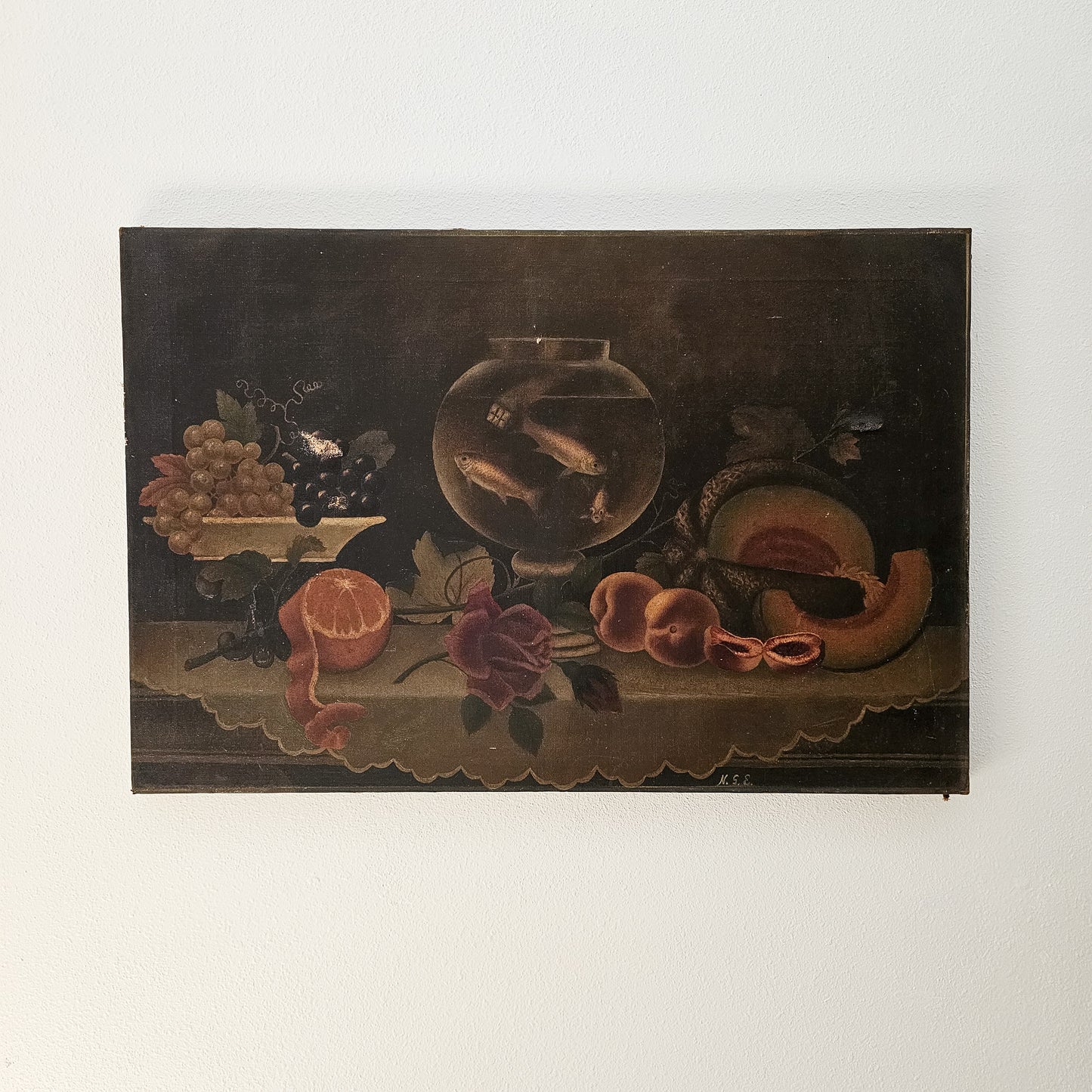 Antique Oil Painting – 19th-Century Still Life with Fish Bowl and Fruit