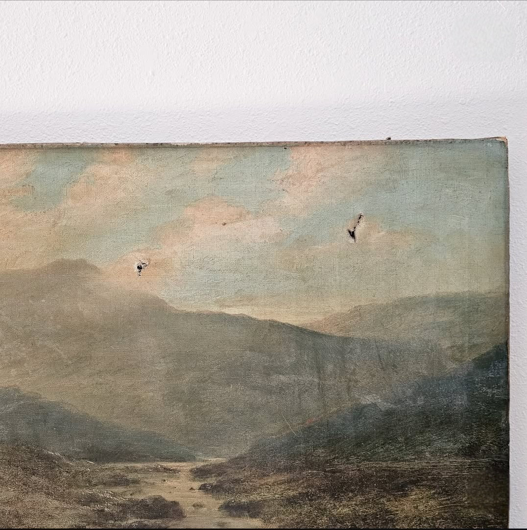 Antique Oil Painting – Mountain Landscape with River