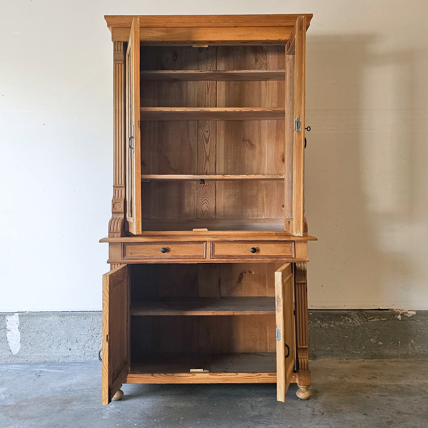Antique pine hutch with glass doors - two pieces