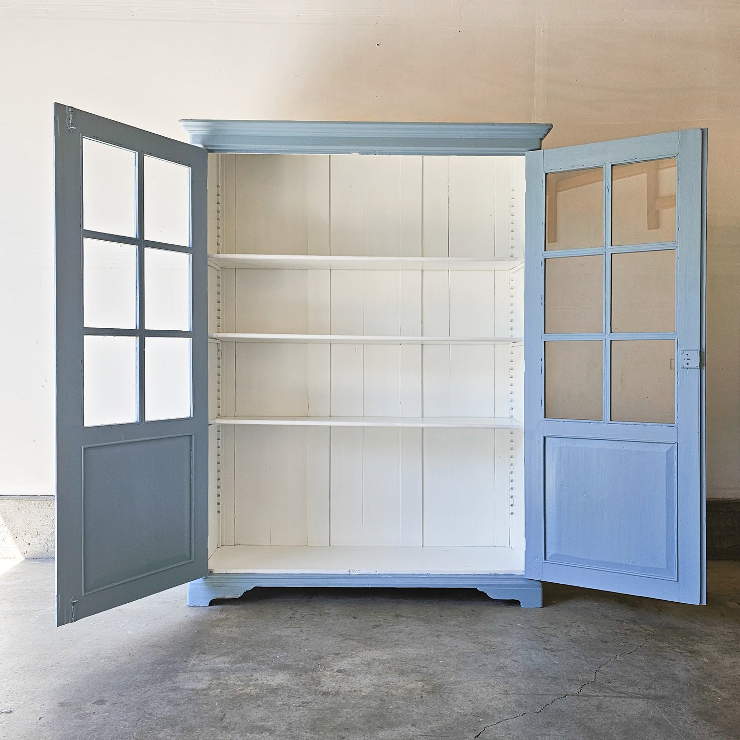 Antique Pine Display Cabinet with Distressed Blue Paint