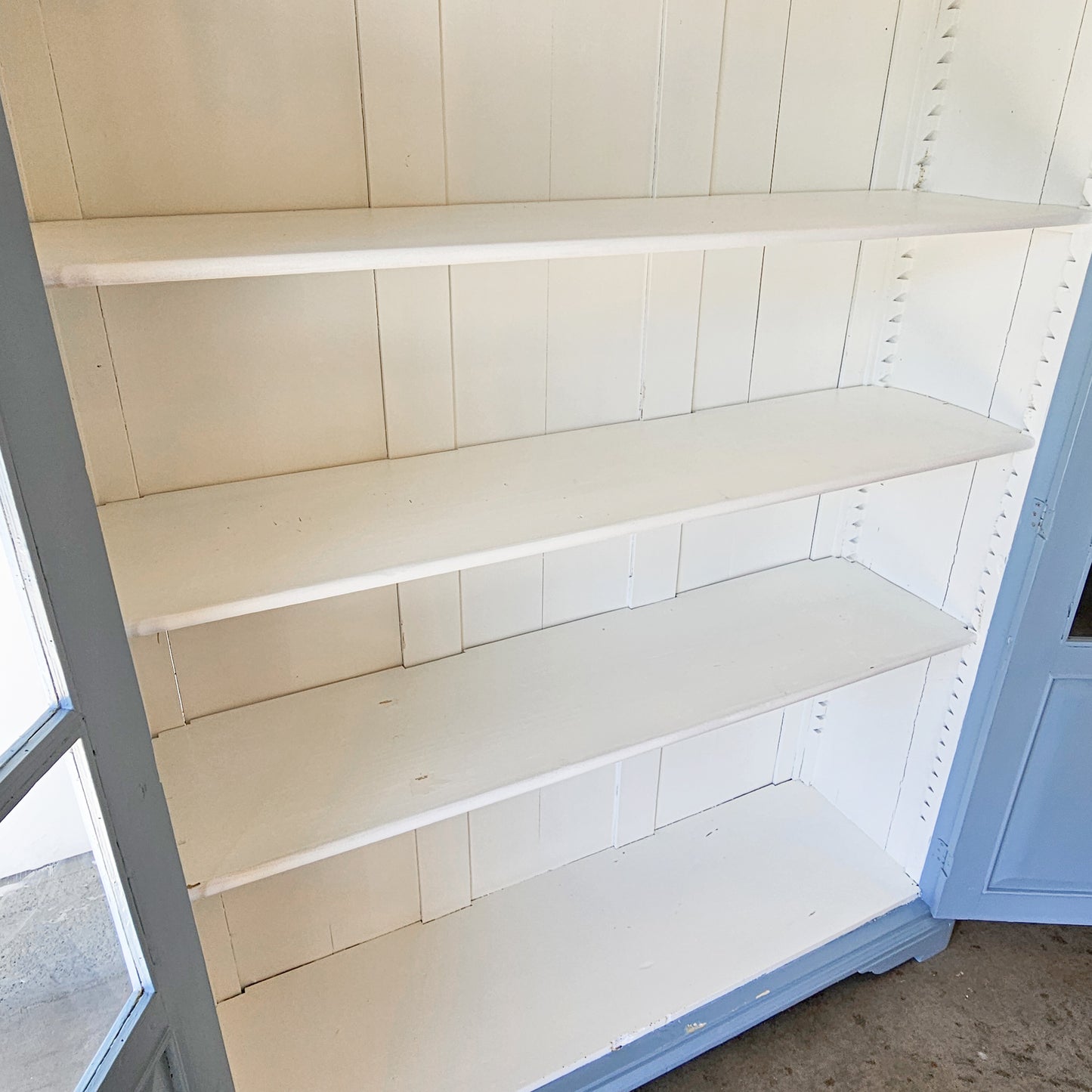Antique Pine Display Cabinet with Distressed Blue Paint