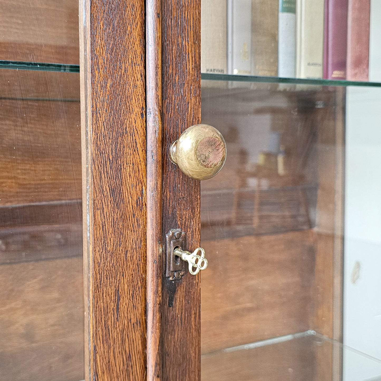 Antique Oak Bookcase Cabinet with Glass Front Doors (Circa 1930s–1940s)
