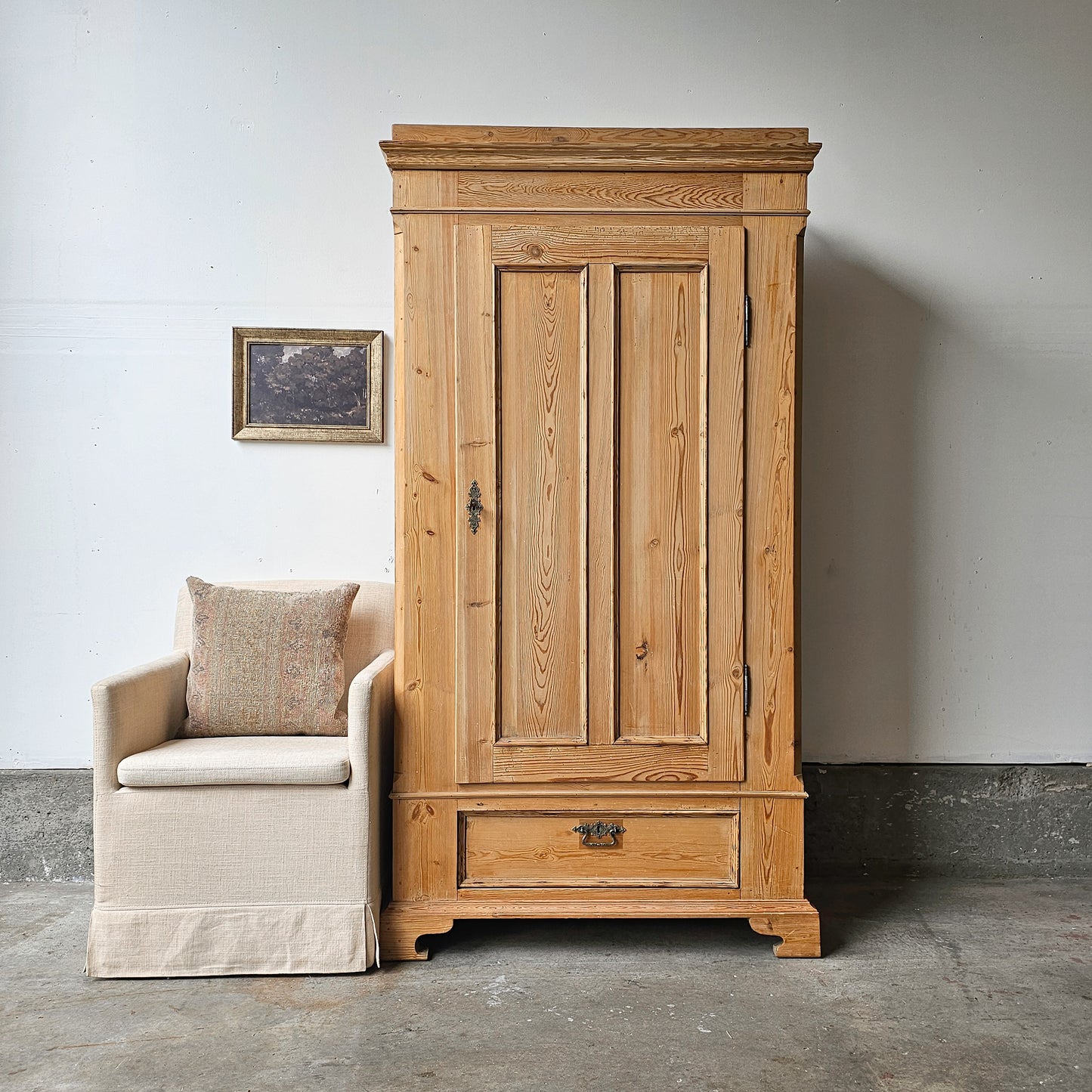 Antique pine single-door armoire cabinet