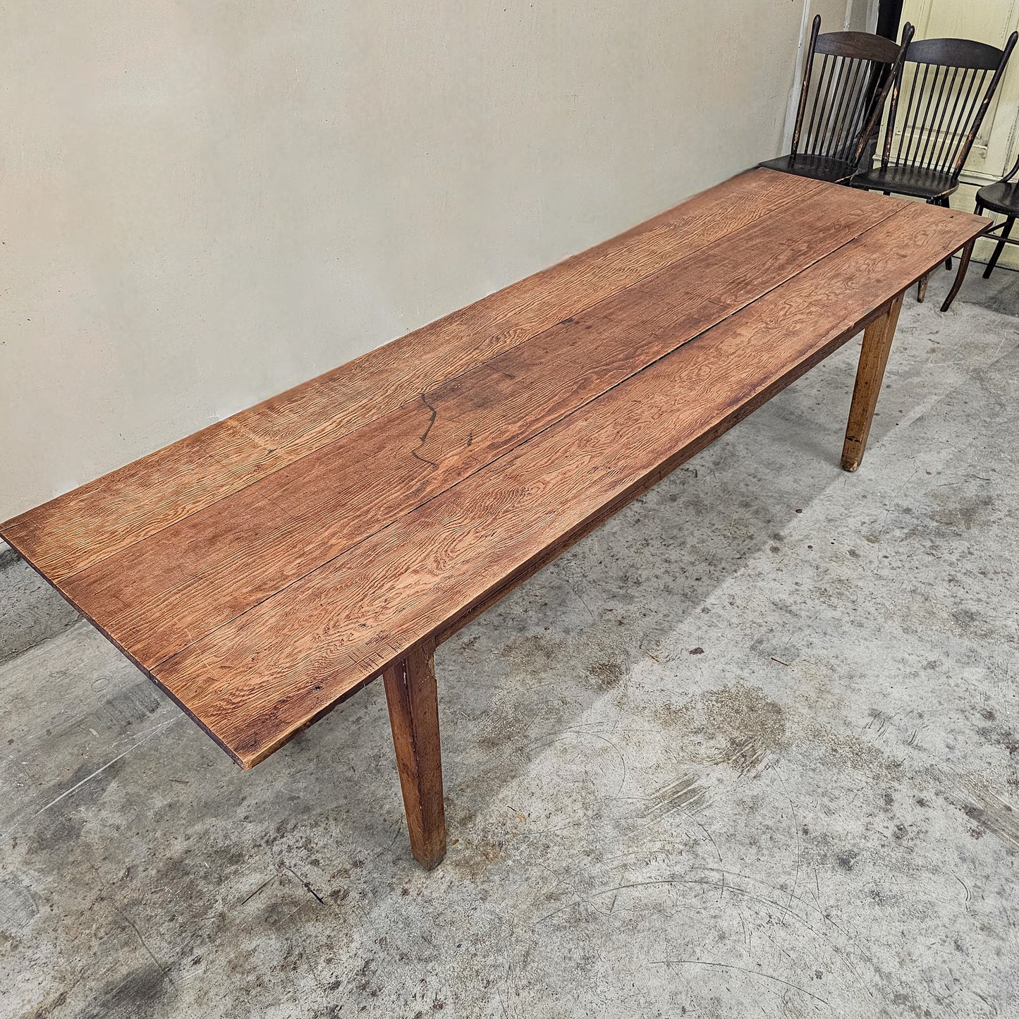 Antique three plank farmhouse dining table
