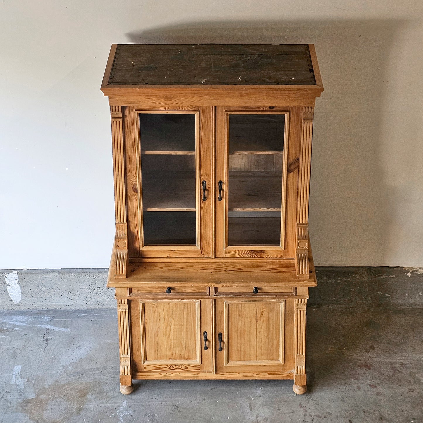 Antique pine hutch with glass doors - two pieces