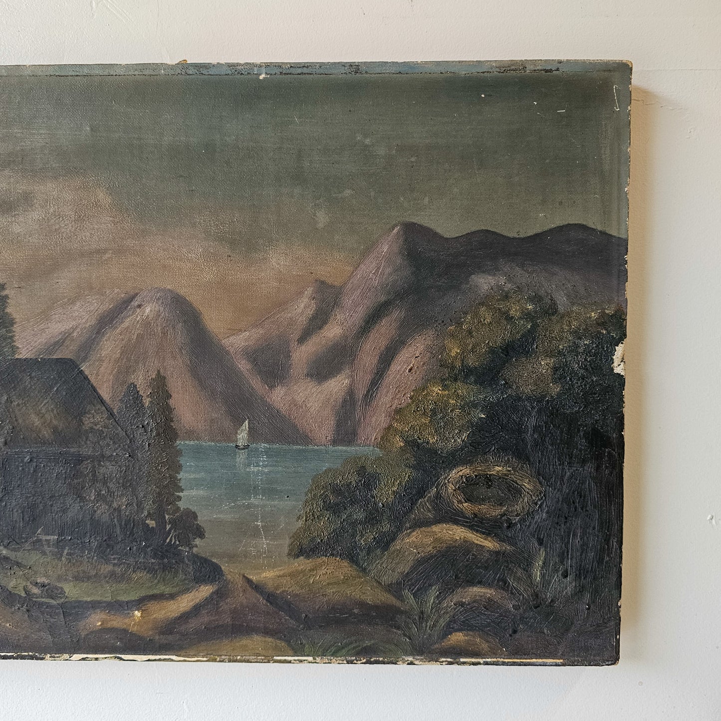 Antique Oil Painting on Canvas – Rustic Mountain & Lake Landscape