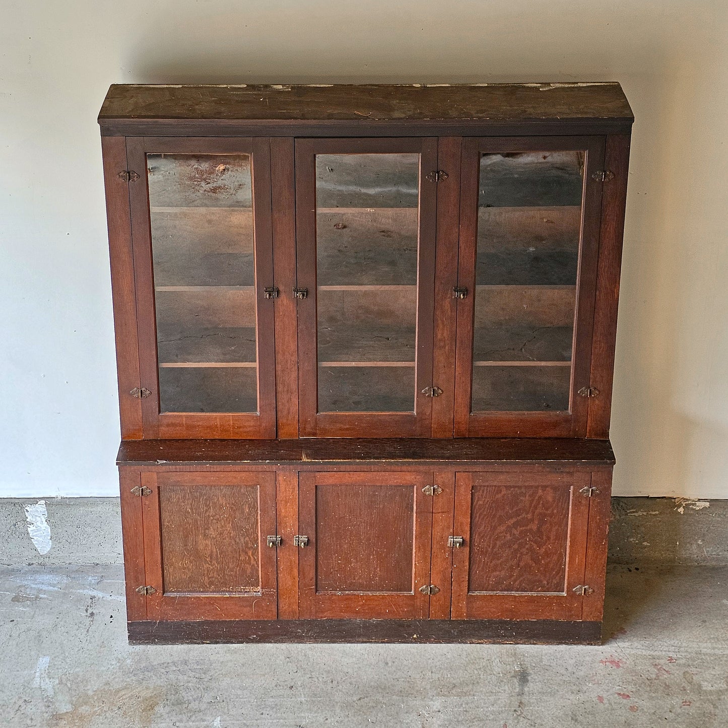 Antique 1910 fir cabinet with glass doors