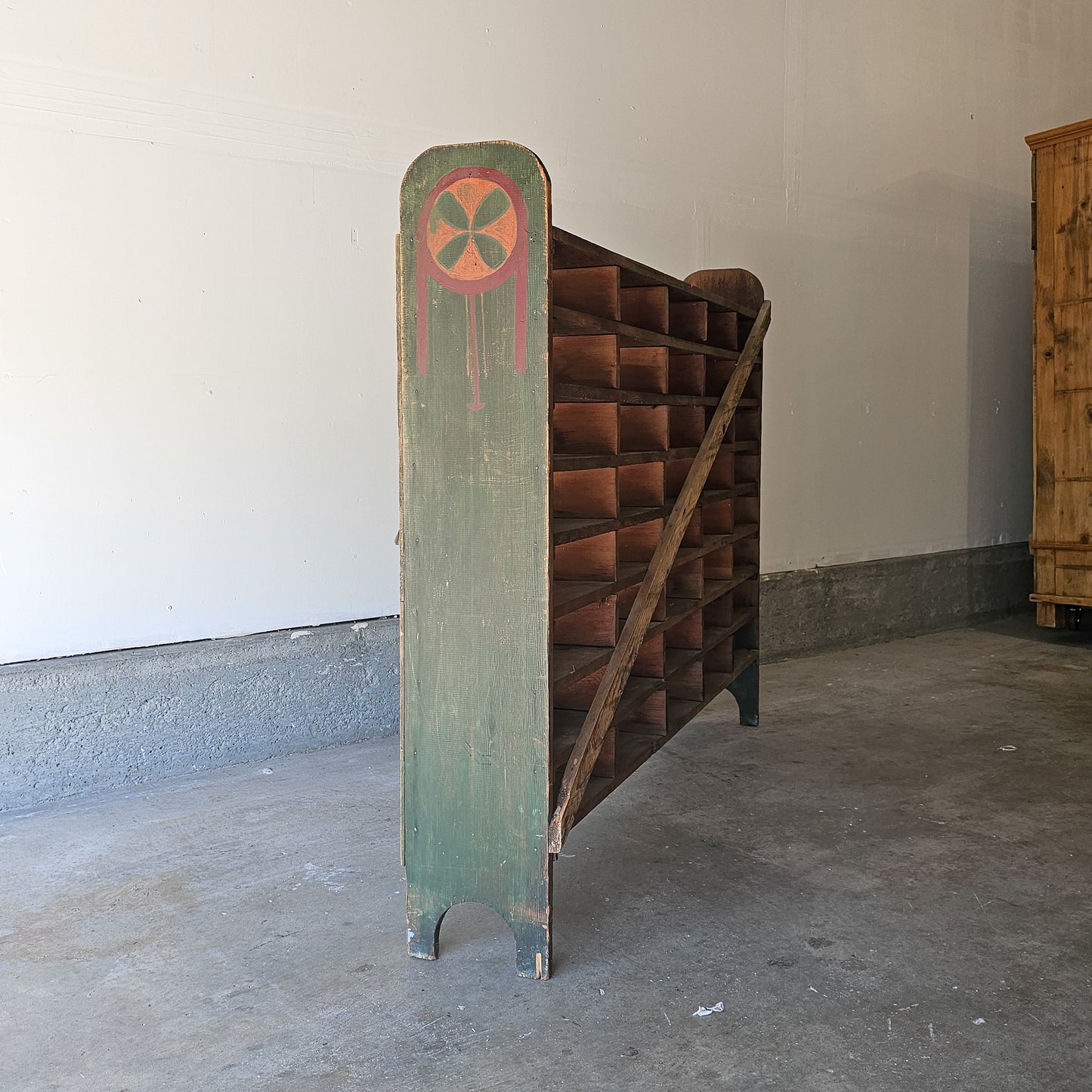 Antique Pine Mail Sorter with Chippy Green Paint