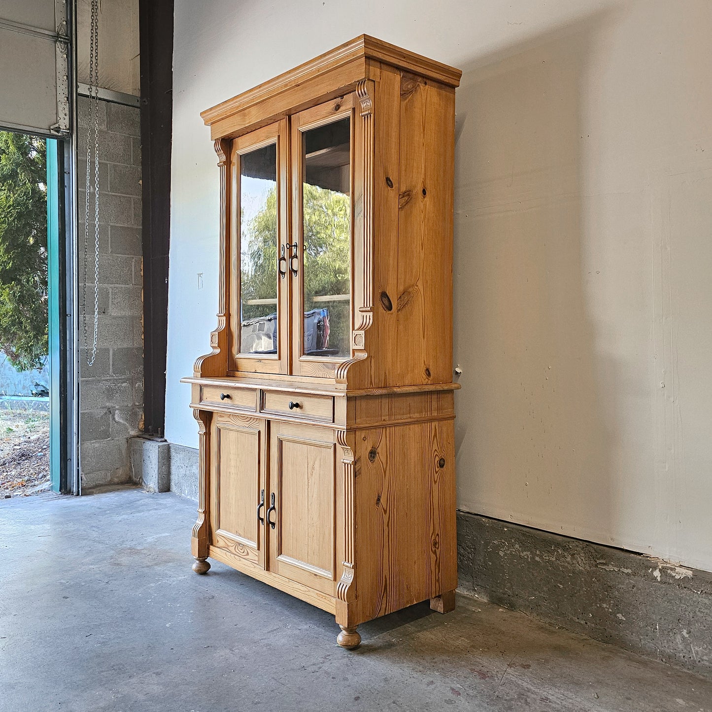 Antique pine hutch with glass doors - two pieces