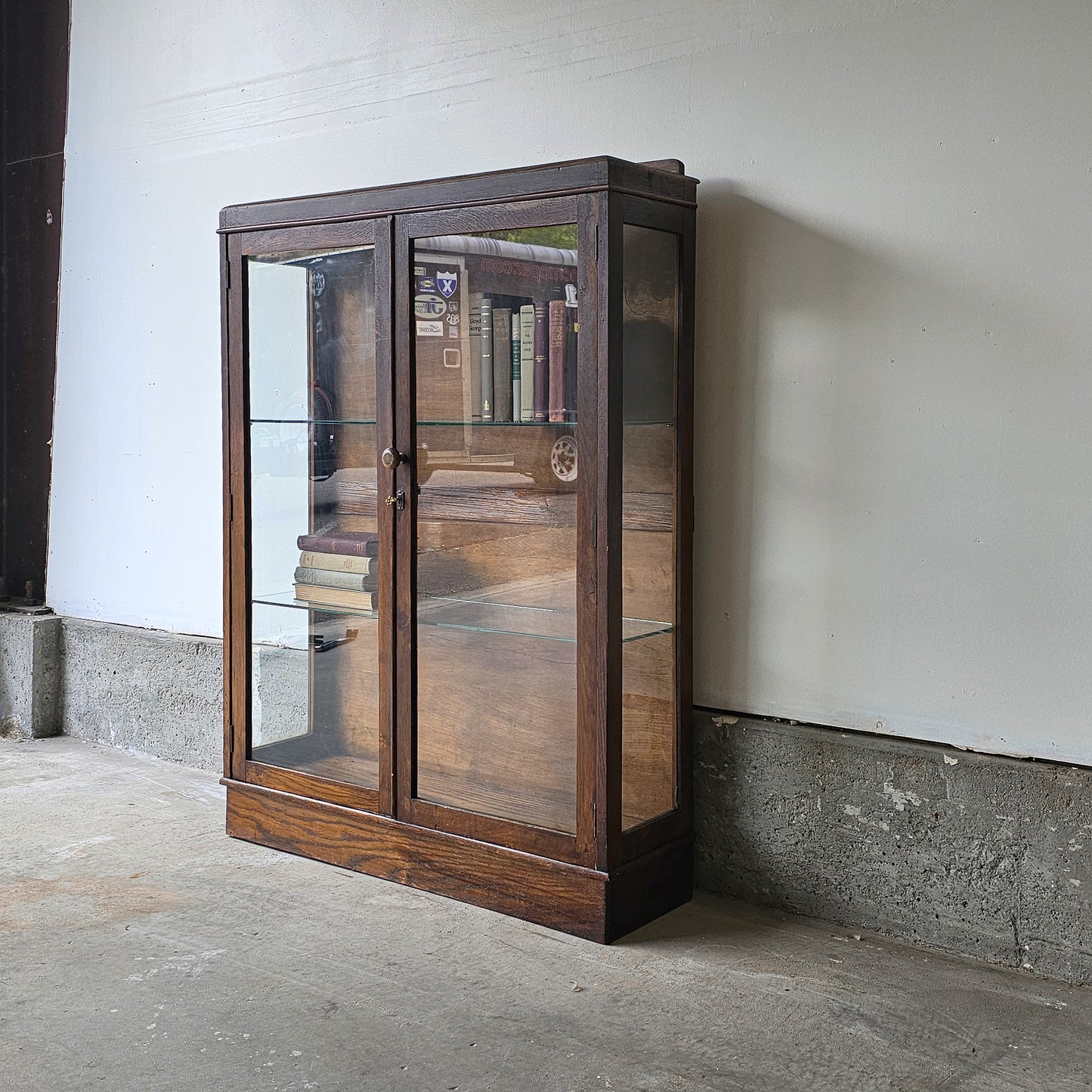 Antique Oak Bookcase Cabinet with Glass Front Doors (Circa 1930s–1940s)